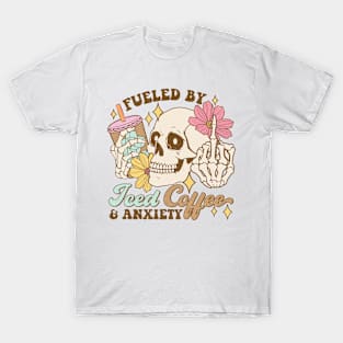 Fueled by iced coffee and anxiety Skull Funny Quote Hilarious Sayings Humor T-Shirt